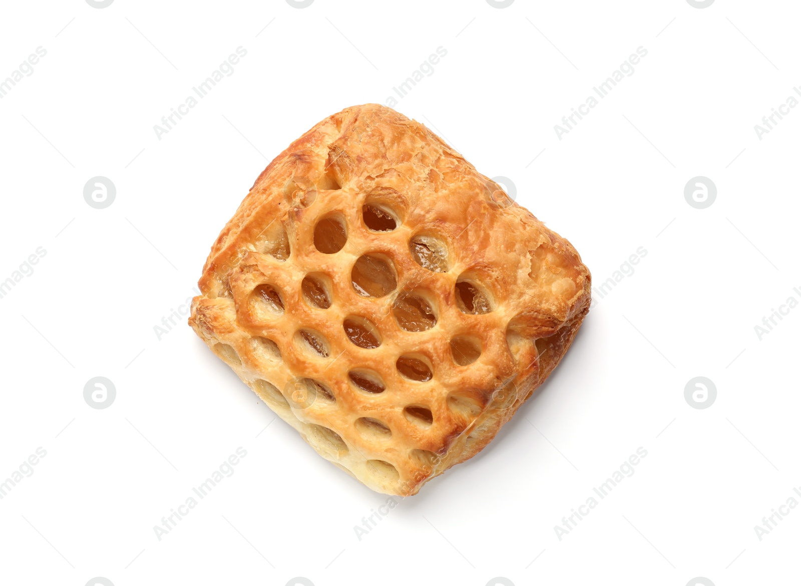 Photo of One delicious puff pastry with fruit filling isolated on white, top view