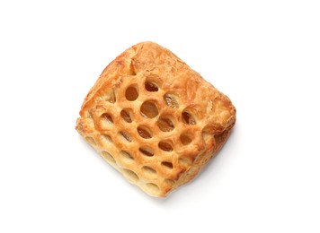 Photo of One delicious puff pastry with fruit filling isolated on white, top view