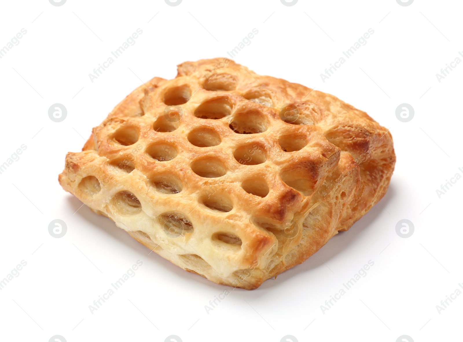 Photo of One delicious puff pastry with fruit filling isolated on white