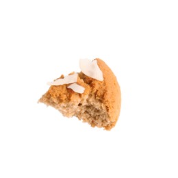 Photo of Piece of tasty cookie with almond flakes isolated on white