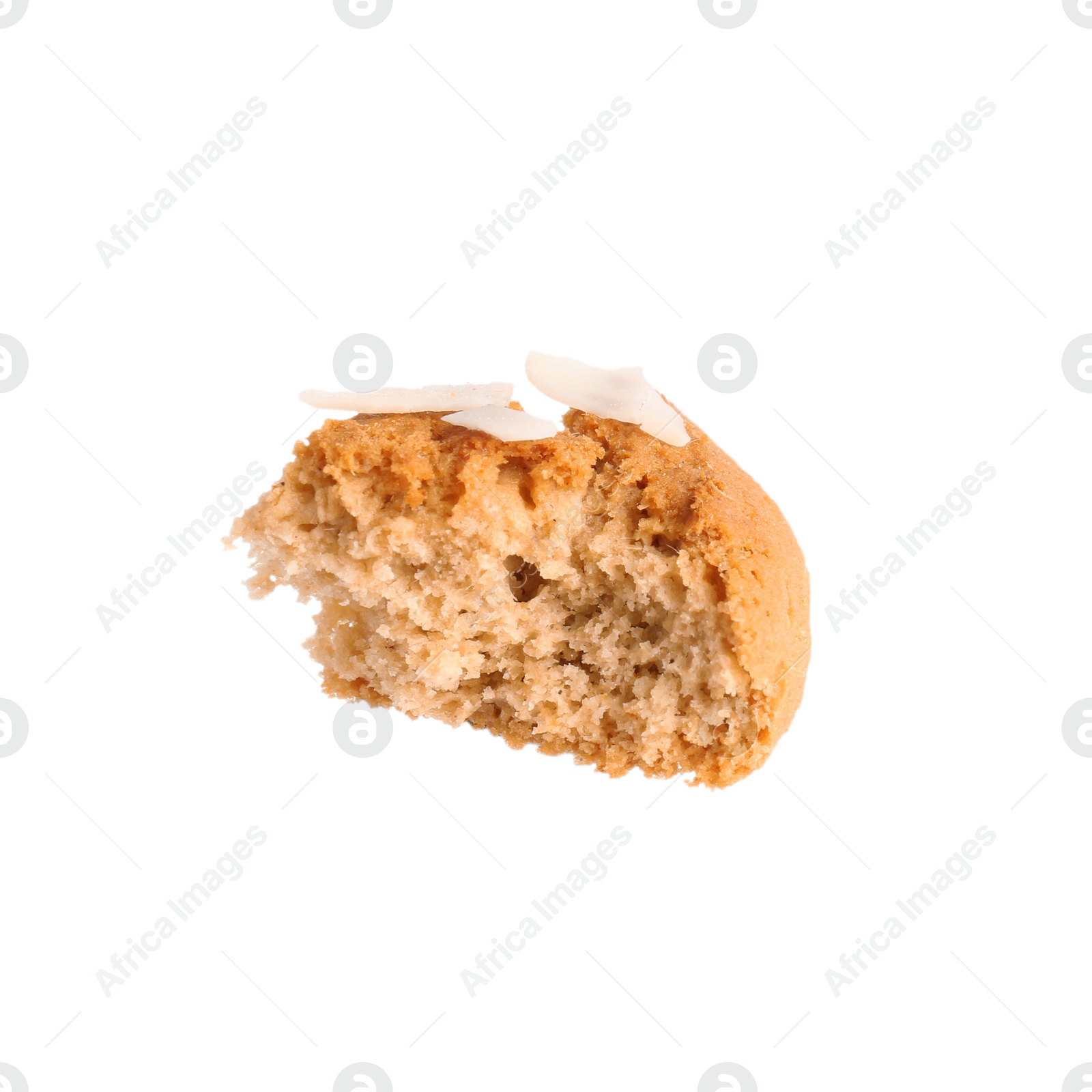 Photo of Piece of tasty cookie with almond flakes isolated on white