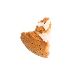 Photo of Piece of tasty cookie with almond flakes isolated on white