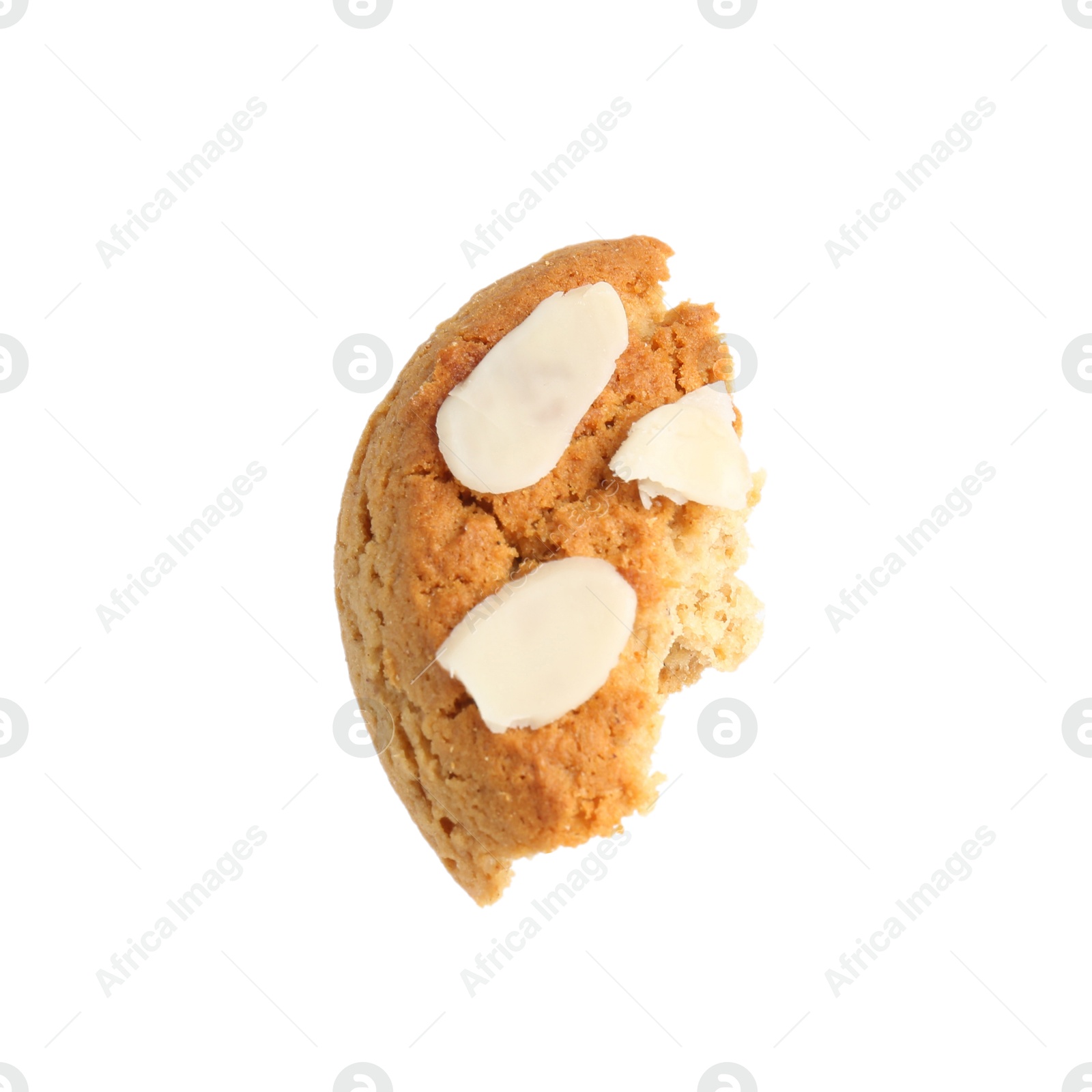 Photo of Piece of tasty cookie with almond flakes isolated on white