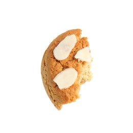 Photo of Piece of tasty cookie with almond flakes isolated on white