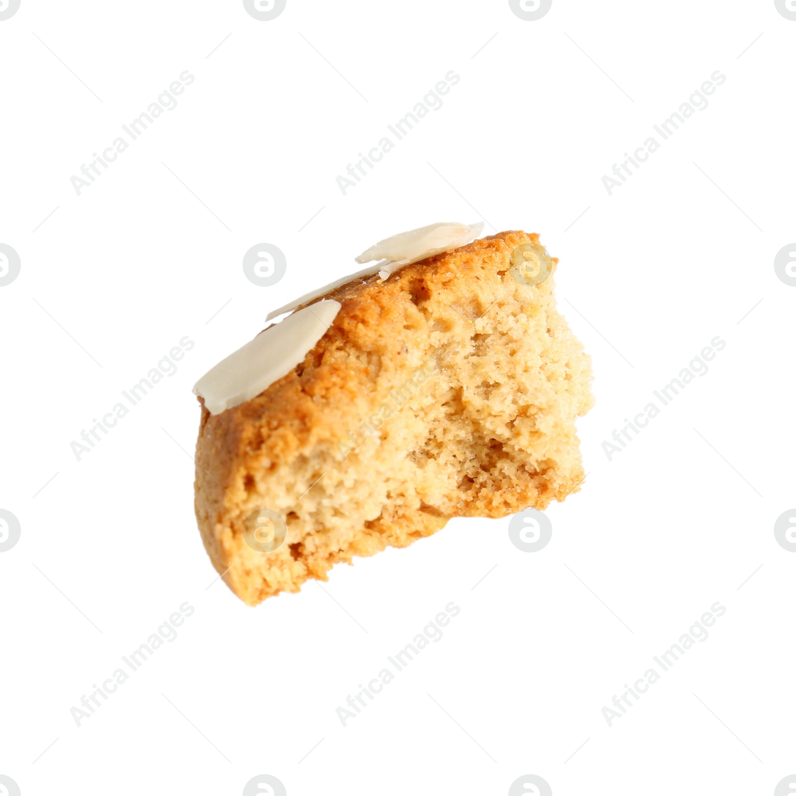 Photo of Piece of tasty cookie with almond flakes isolated on white