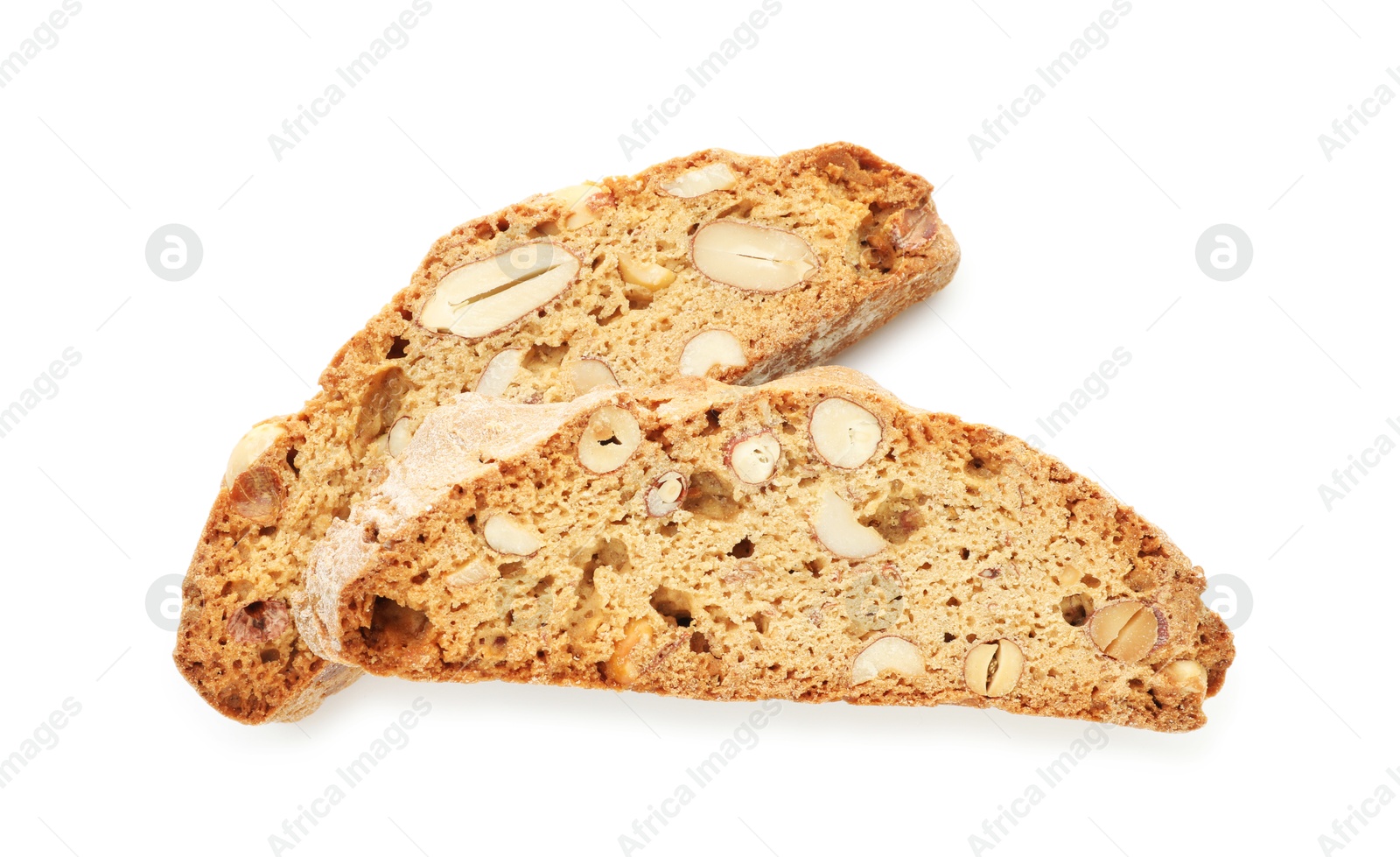 Photo of Traditional Italian almond biscuits (Cantucci) isolated on white, top view