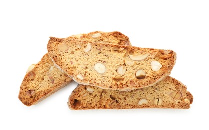 Photo of Traditional Italian almond biscuits (Cantucci) isolated on white, top view