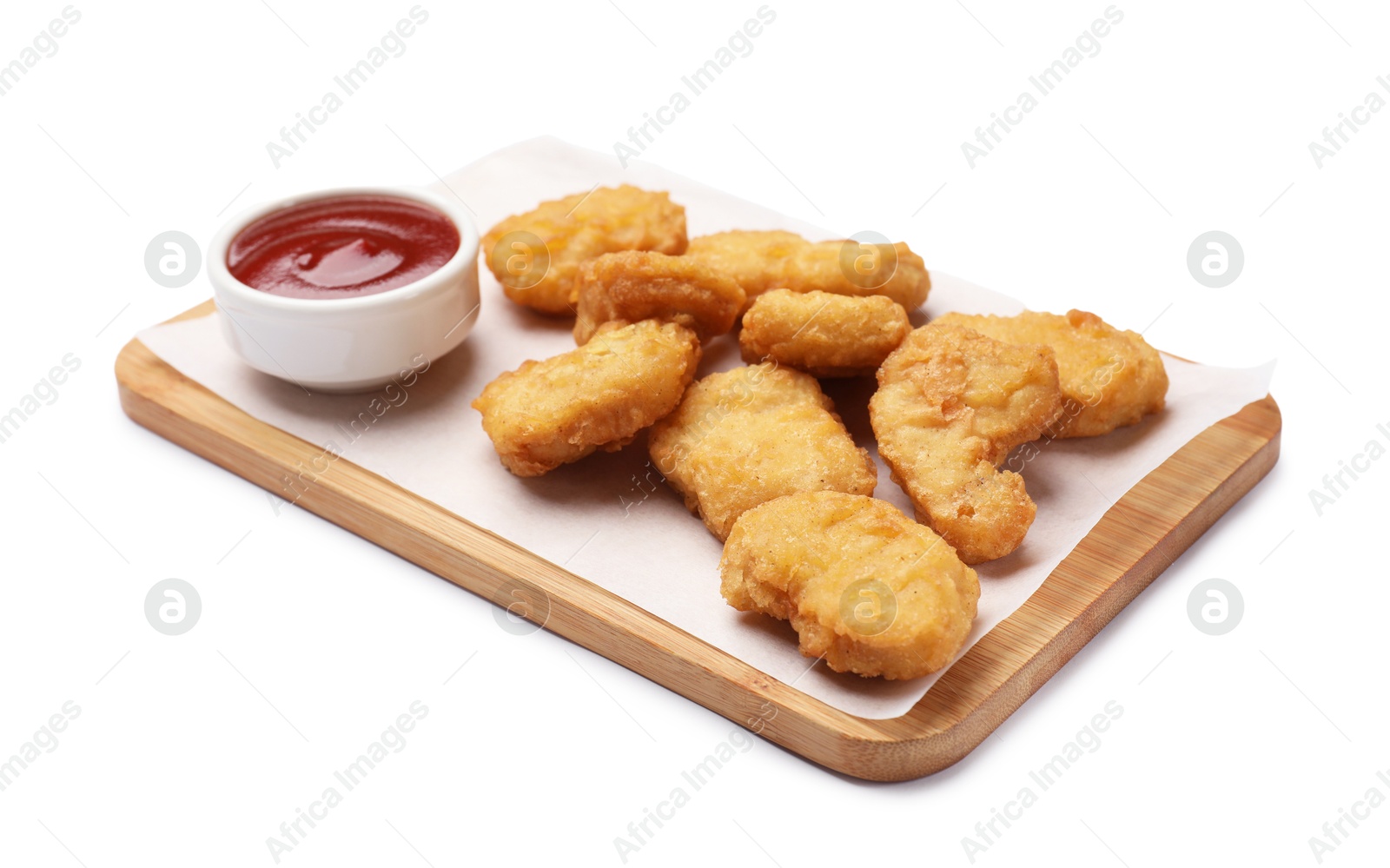 Photo of Delicious chicken nuggets with ketchup isolated on white