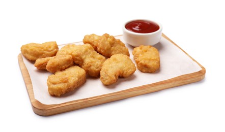 Photo of Delicious chicken nuggets with ketchup isolated on white