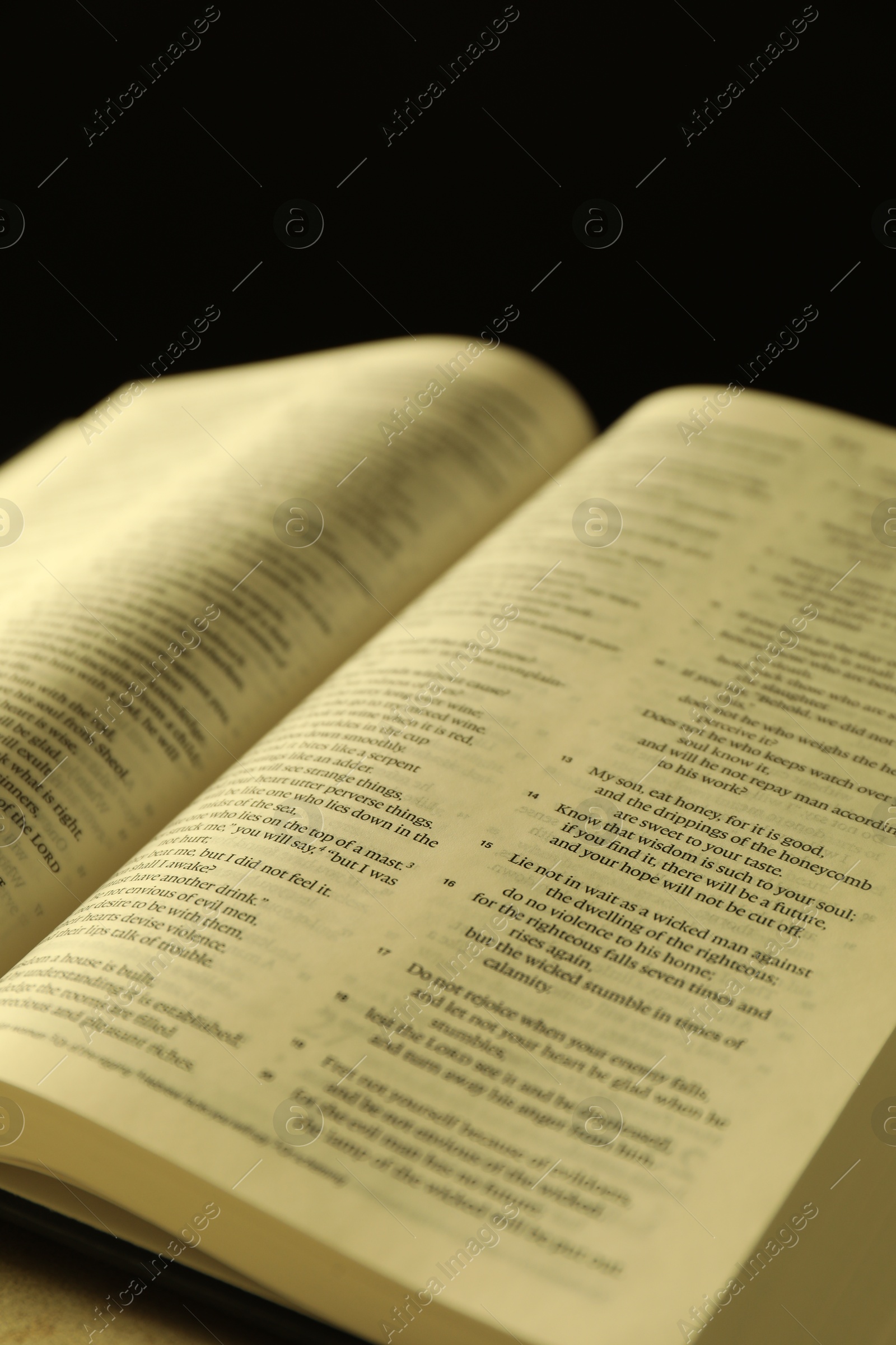 Photo of Open Holy Bible in English language on table, closeup