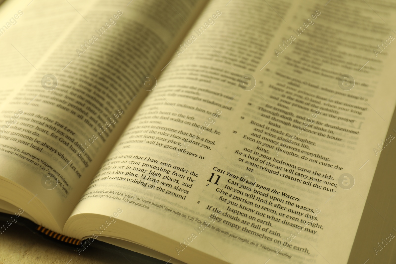 Photo of Open Holy Bible in English language on table, closeup