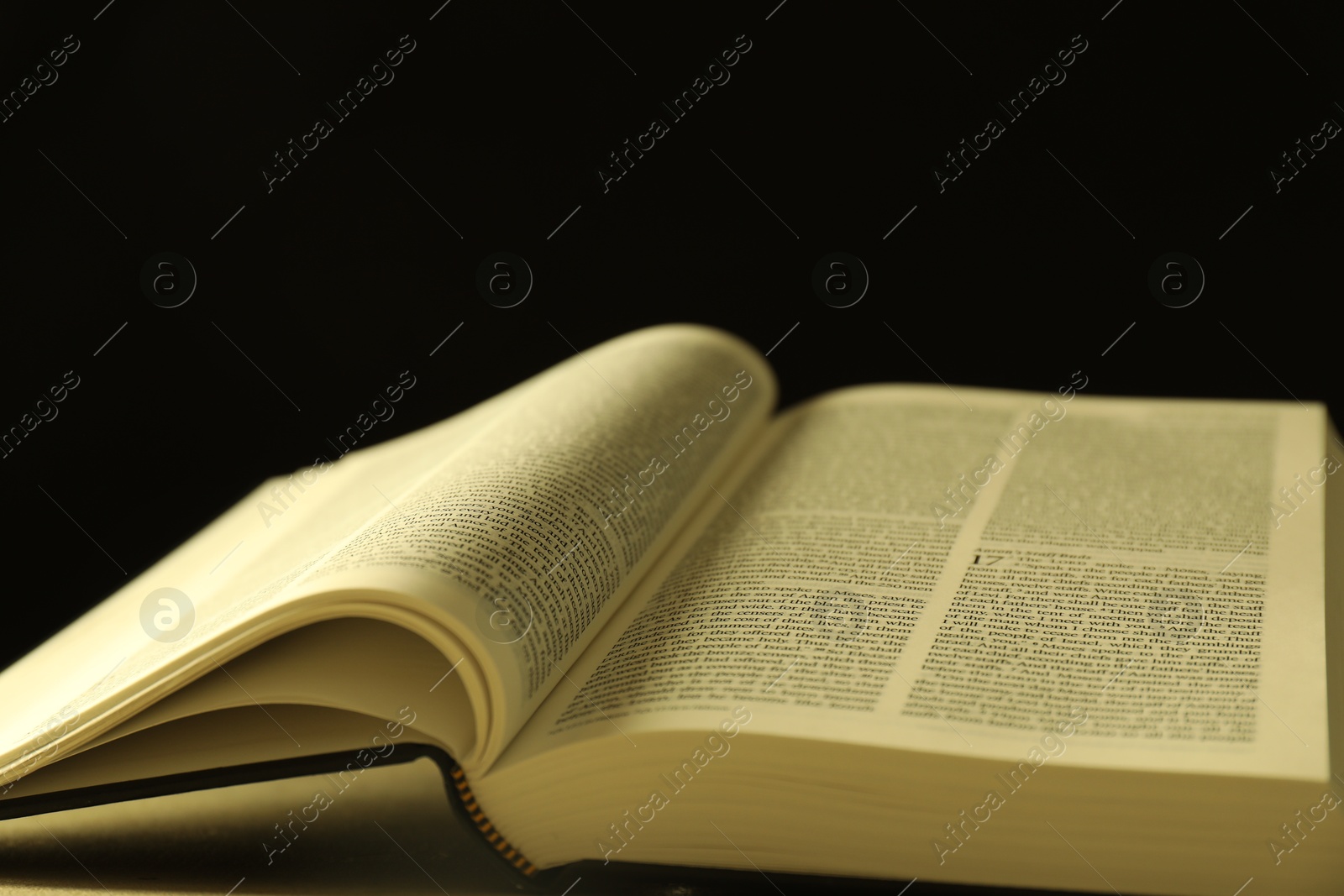 Photo of Open Holy Bible in English language on table, closeup