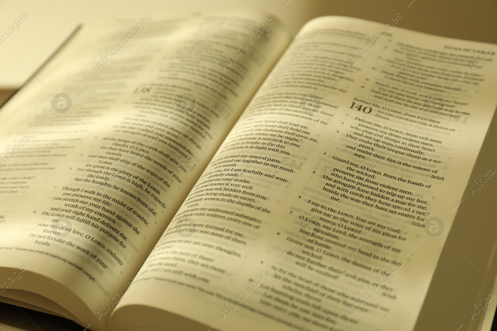 Photo of Open Holy Bible in English language, closeup