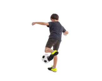 Photo of Boy with soccer ball playing football on white background, back view