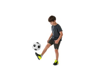 Photo of Boy with soccer ball playing football on white background