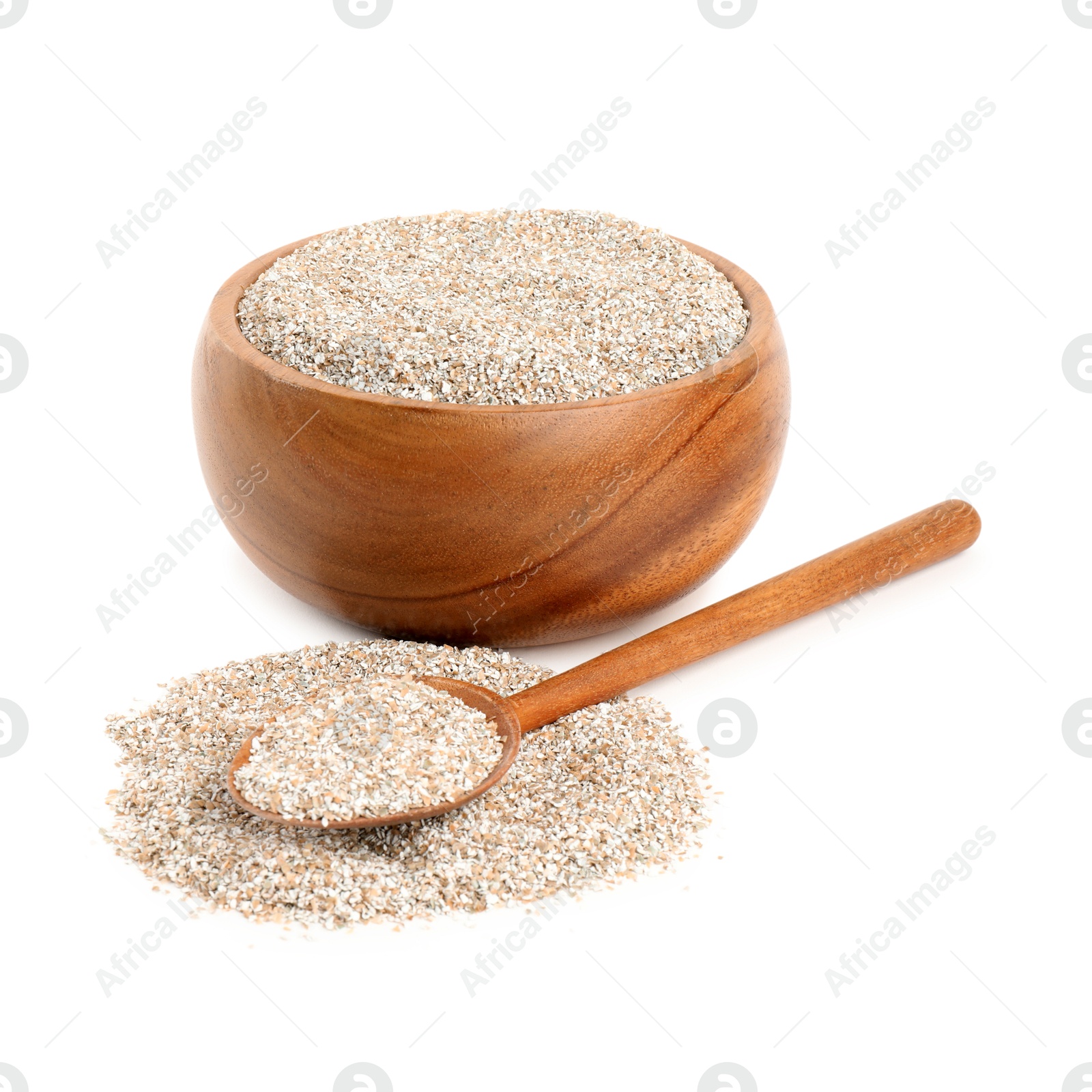 Photo of Rye bran in bowl and spoon isolated on white