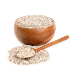 Photo of Rye bran in bowl and spoon isolated on white