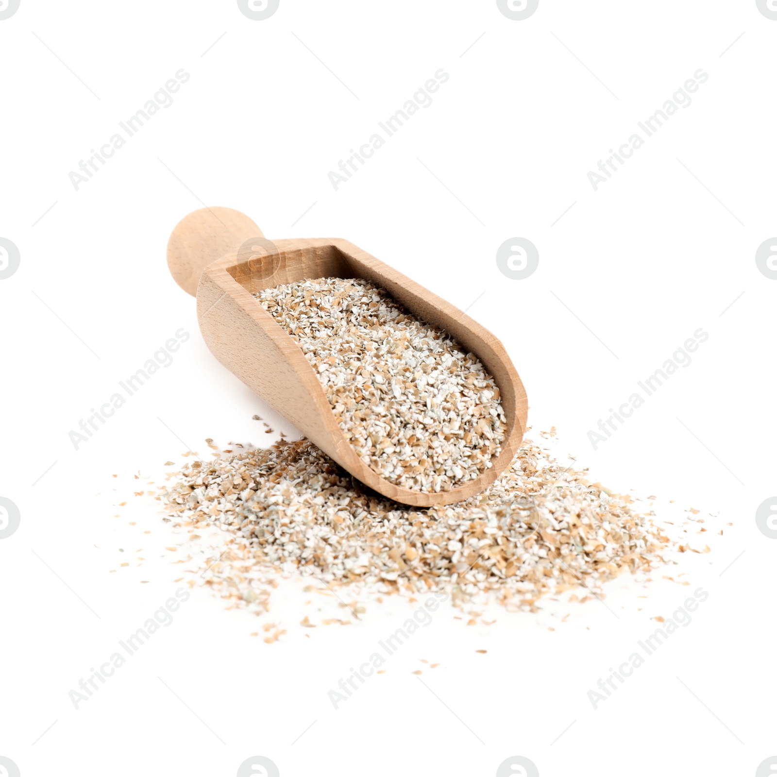 Photo of Rye bran in wooden scoop isolated on white