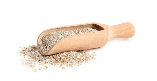 Photo of Rye bran in wooden scoop isolated on white