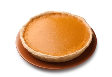 Photo of Tasty homemade pumpkin pie isolated on white