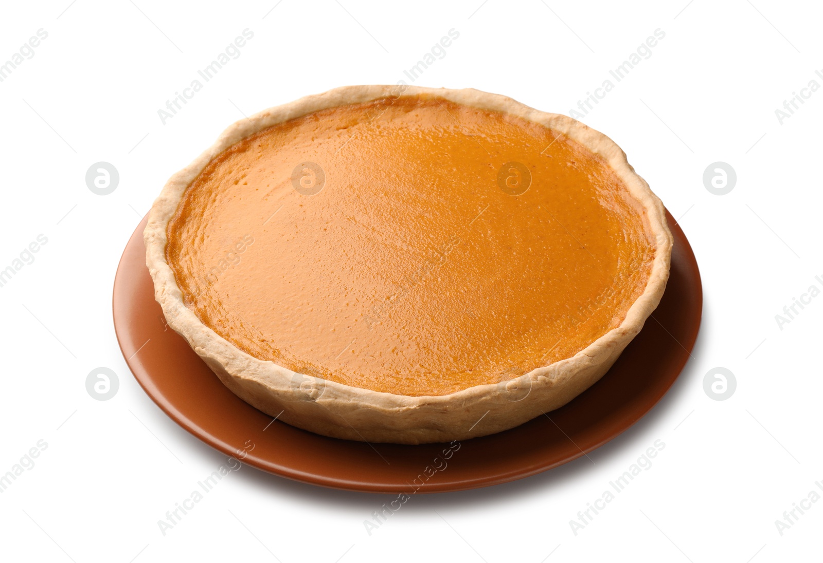 Photo of Tasty homemade pumpkin pie isolated on white