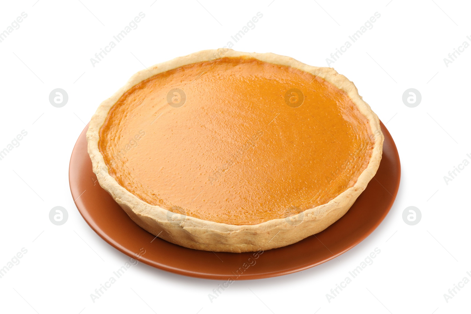 Photo of Tasty homemade pumpkin pie isolated on white