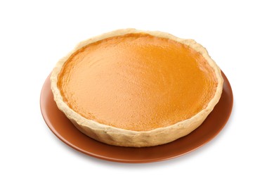 Tasty homemade pumpkin pie isolated on white