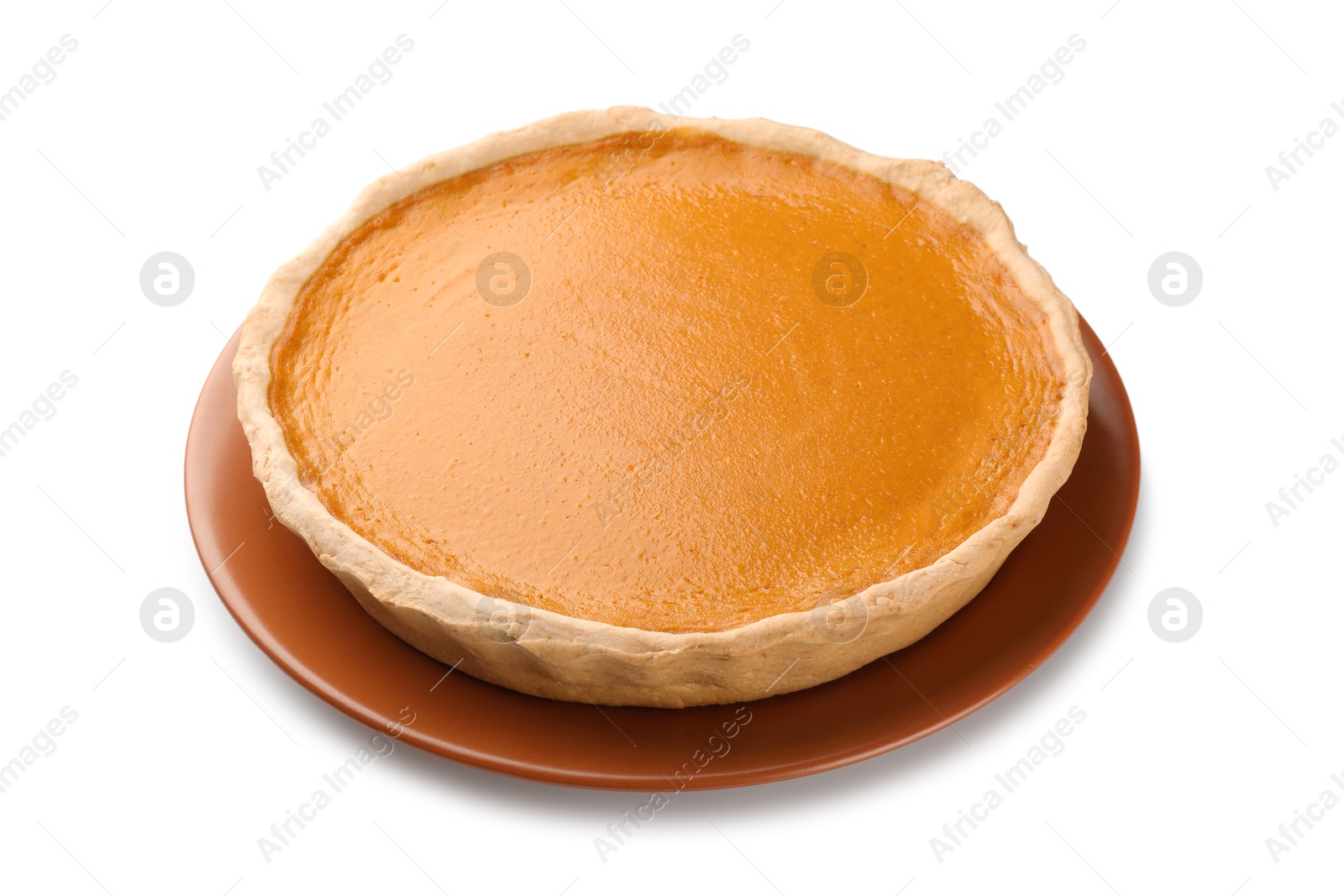 Photo of Tasty homemade pumpkin pie isolated on white