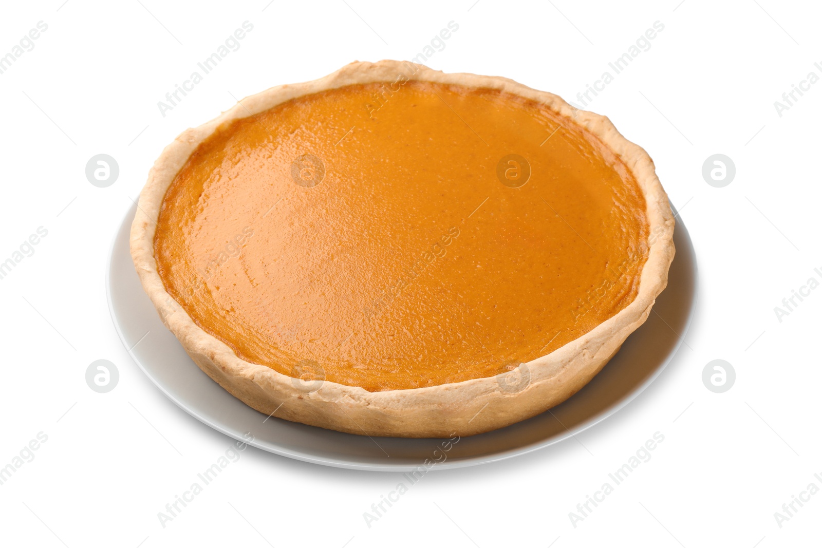 Photo of Tasty homemade pumpkin pie isolated on white