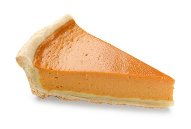 Photo of Piece of tasty homemade pumpkin pie isolated on white