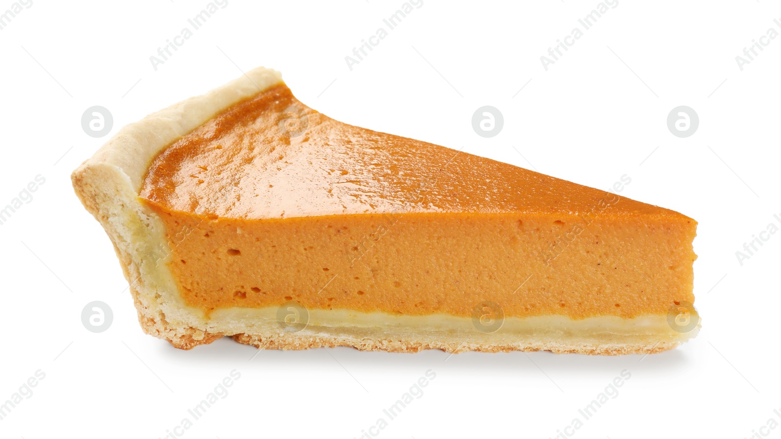 Photo of Piece of tasty homemade pumpkin pie isolated on white