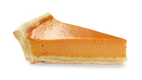 Photo of Piece of tasty homemade pumpkin pie isolated on white