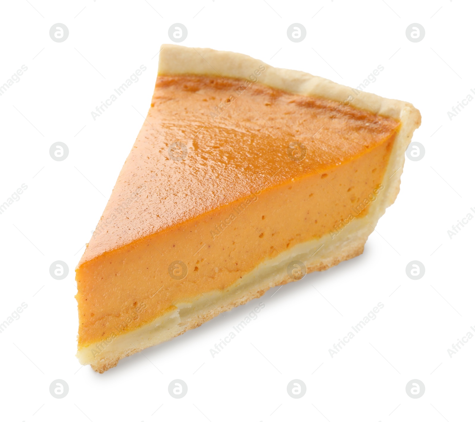 Photo of Piece of tasty homemade pumpkin pie isolated on white