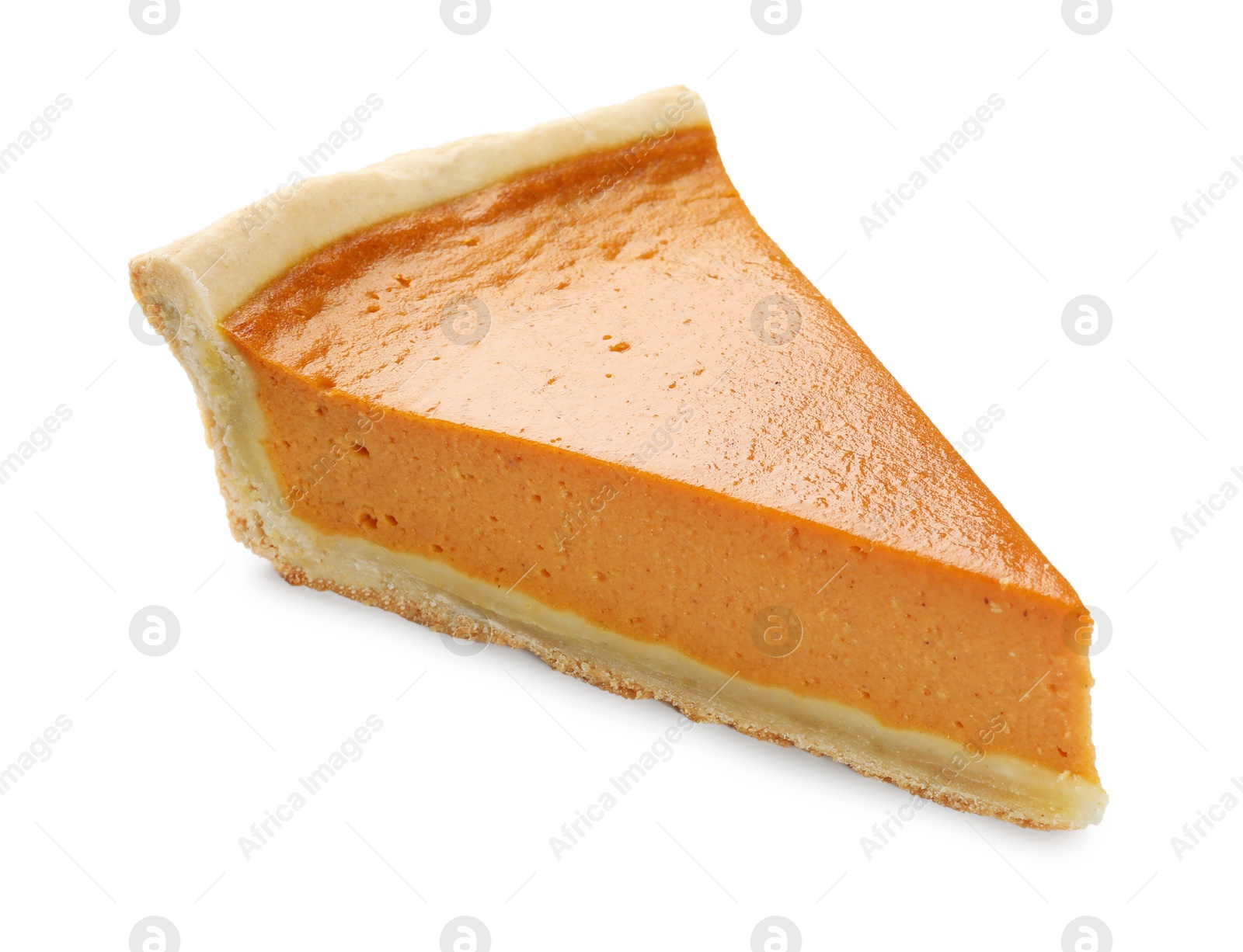 Photo of Piece of tasty homemade pumpkin pie isolated on white