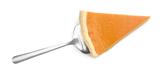 Photo of Piece of tasty homemade pumpkin pie and server isolated on white, top view