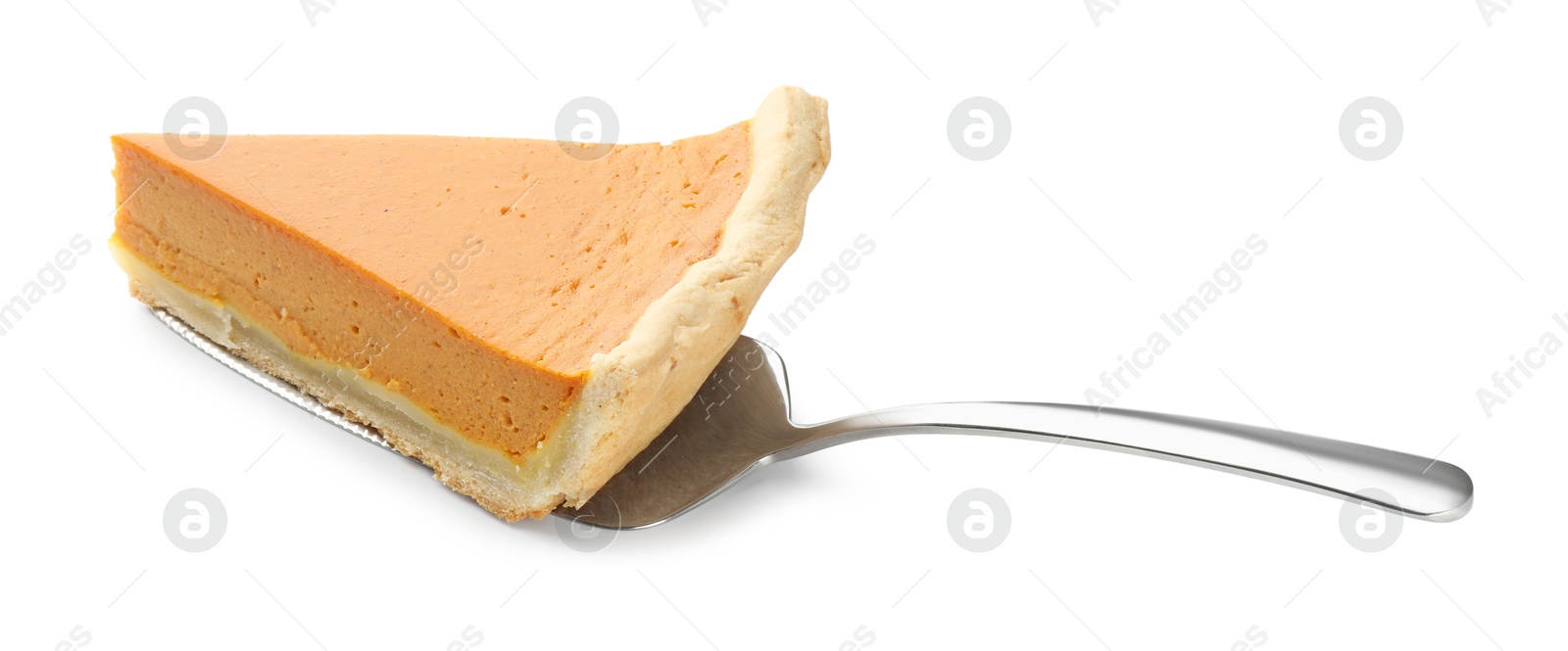 Photo of Piece of tasty homemade pumpkin pie and server isolated on white