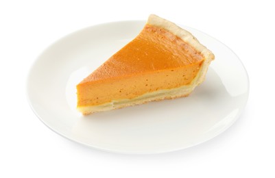 Photo of Piece of tasty homemade pumpkin pie isolated on white