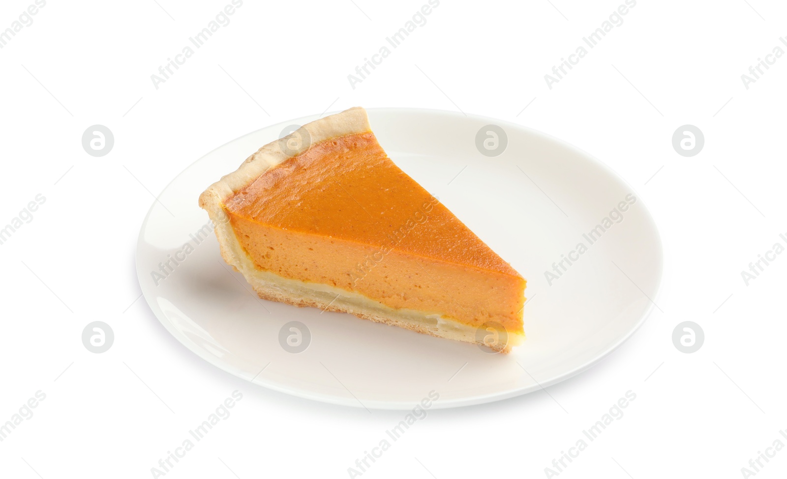 Photo of Piece of tasty homemade pumpkin pie isolated on white