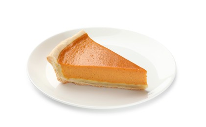 Photo of Piece of tasty homemade pumpkin pie isolated on white