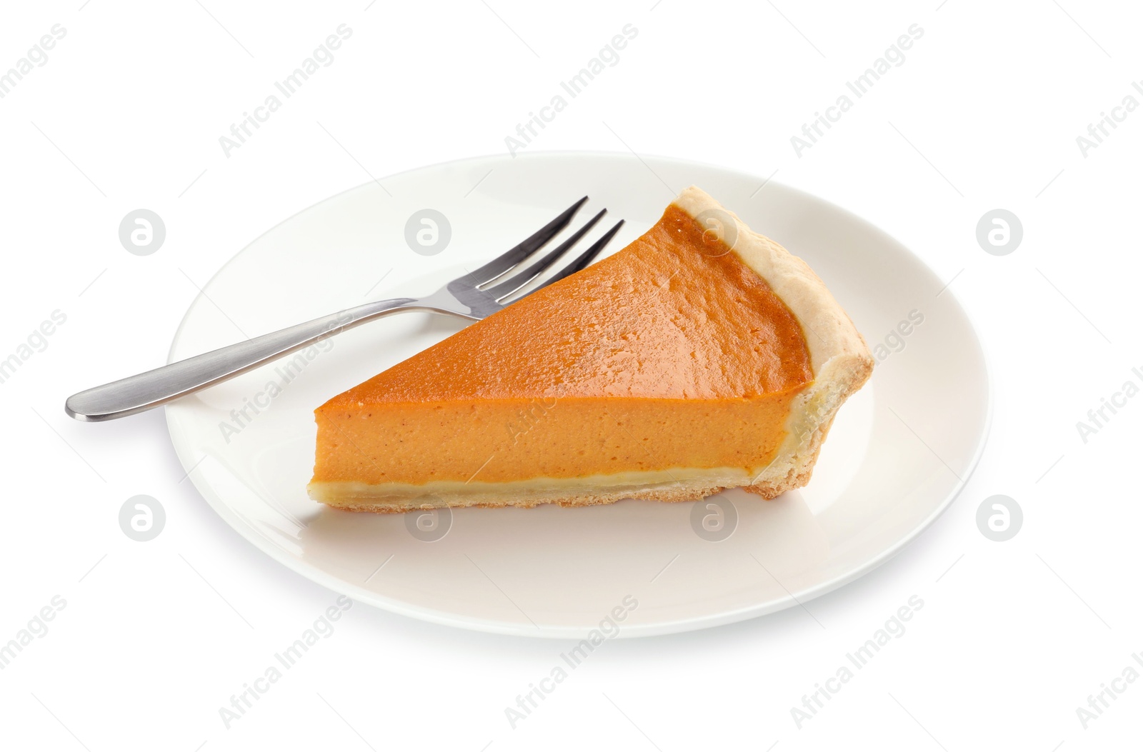 Photo of Piece of tasty homemade pumpkin pie and fork isolated on white