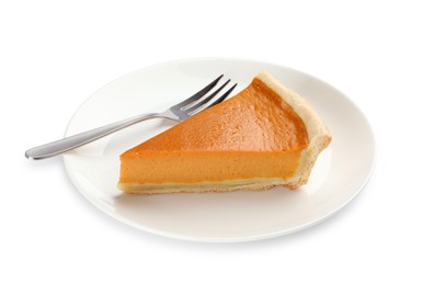 Photo of Piece of tasty homemade pumpkin pie and fork isolated on white