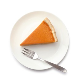 Photo of Piece of tasty homemade pumpkin pie and fork isolated on white, top view