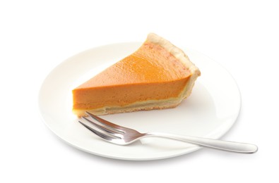 Photo of Piece of tasty homemade pumpkin pie and fork isolated on white