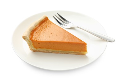 Photo of Piece of tasty homemade pumpkin pie and fork isolated on white