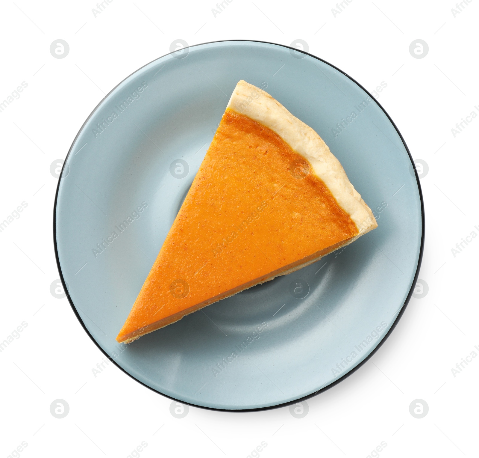 Photo of Piece of tasty homemade pumpkin pie isolated on white, top view