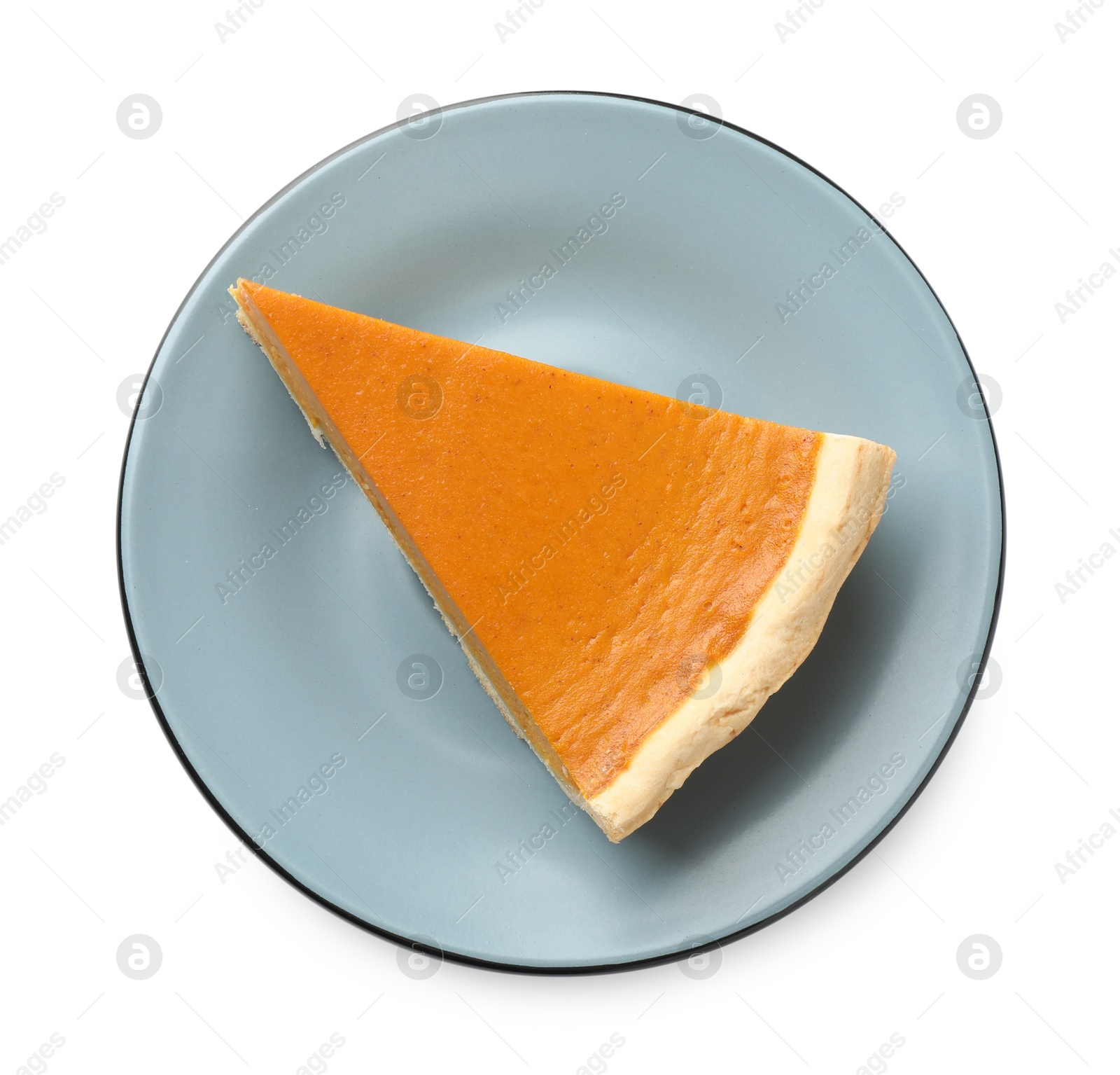 Photo of Piece of tasty homemade pumpkin pie isolated on white, top view