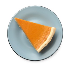 Piece of tasty homemade pumpkin pie isolated on white, top view