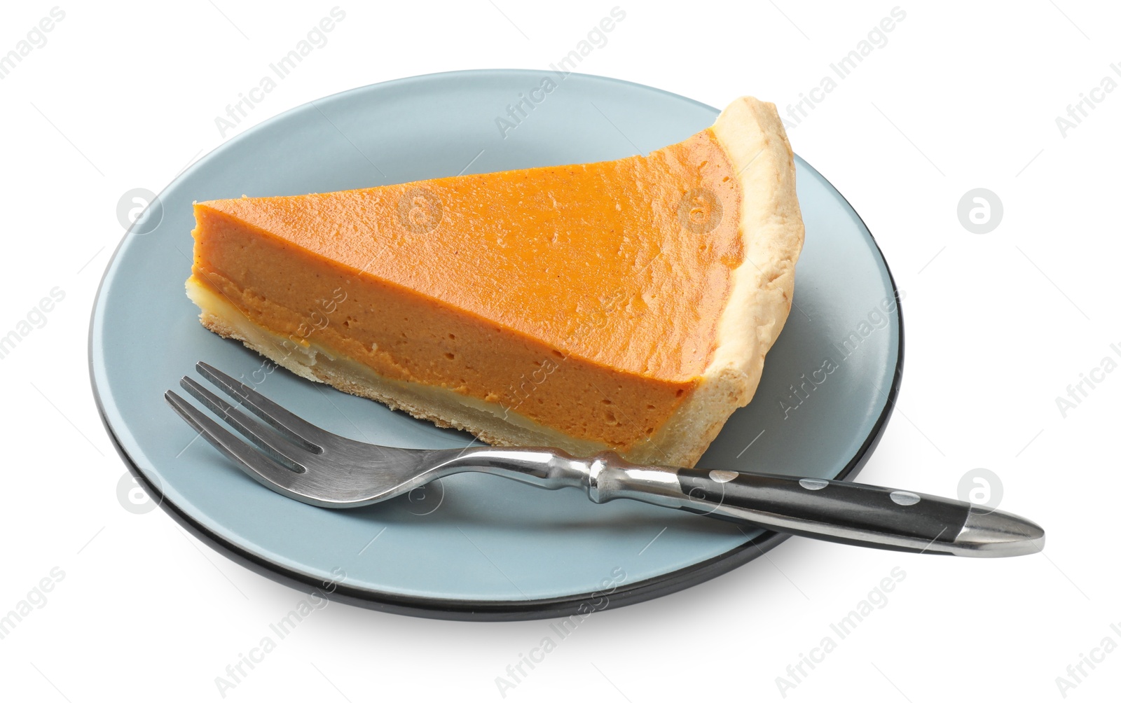 Photo of Piece of tasty homemade pumpkin pie and fork isolated on white