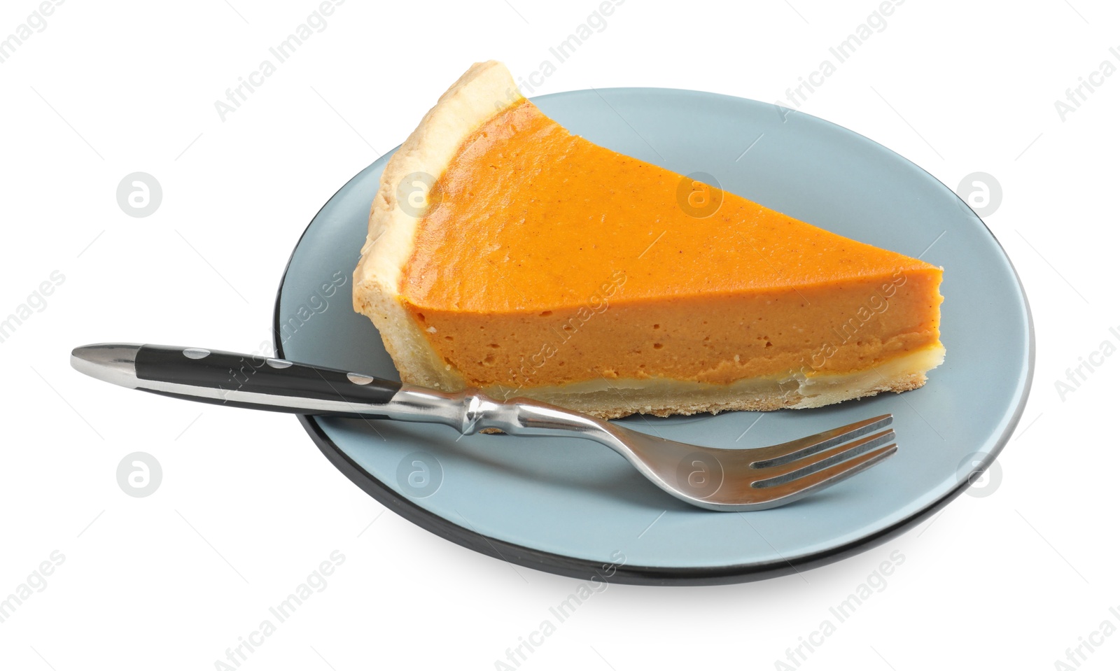 Photo of Piece of tasty homemade pumpkin pie and fork isolated on white