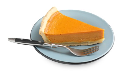 Photo of Piece of tasty homemade pumpkin pie and fork isolated on white